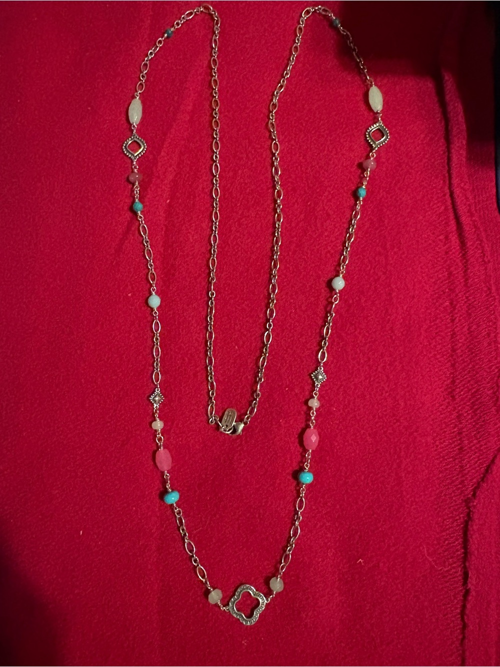 James Avery retired Long Silver Chain Necklace with Pink and Turquoise Beads